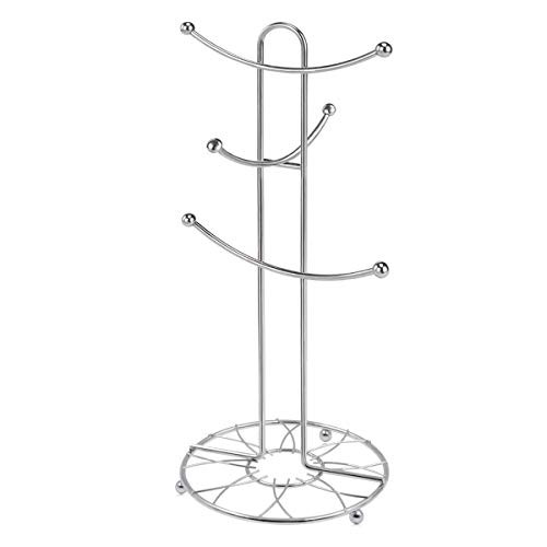 Buruis Mug Rack Tree, Decorative Flower Pattern Base Metal Mug Holder, Kitchen Coffee Mug Tree Countertop Tea Cups Holder Stand, Coffee Cup Dryer with 6 Hooks (Silver)