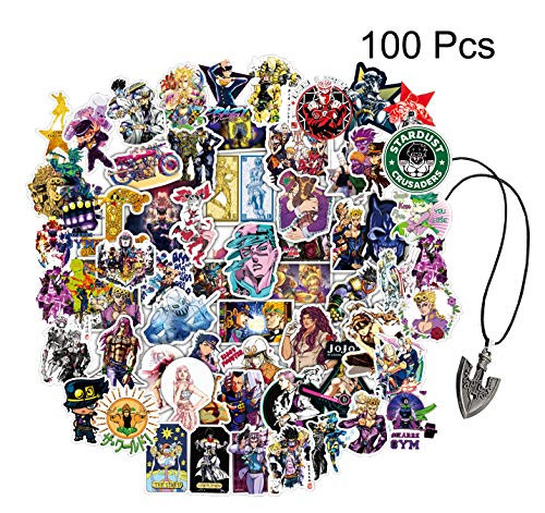 Kilmila JoJo's Bizarre Adventure Stickers 100Pcs (with Arrow Requiem Pendant JoJo Necklace).Anime JJBA Stickers Cartoon Laptop Stickers Waterproof Skateboard Car Snowboard Bicycle Luggage