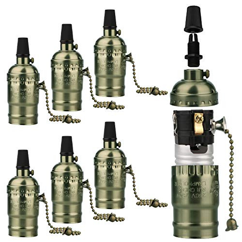6 Pcs Vintage Light Socket, E26 E27 Retro Light Bulb Pendant Holder Socket Switch, Bronze Medium Base Light Socket with Pull Chain Switch, Replacement Edison Aluminum Lamp Holder (Gloss-Bronze)