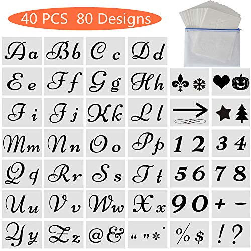 40 PCS Letter Stencils for Painting on Wood - Reusable Washable Plastic Art Craft Stencils Template with Calligraphy Font Uppercase and Lowercase Alphabet, Numbers and Signs with Portable Zipper Bags