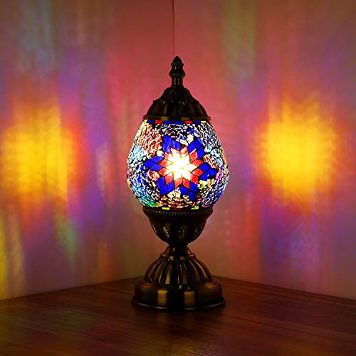 Marrakech Turkish Table Lamp Handmade Mosaic Glass Egg Shaped Moroccan Lantern Decorative Desk Night Light for Bedroom Living Room with E12 LED Bulb (Multicolour)