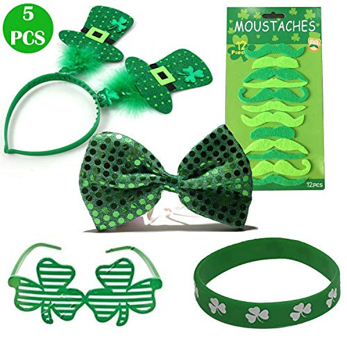 5 Pieces St. Patrick's Day Accessories Set-Includes St. Patrick's Day Headbands,Shamrock Glasses,Shamrock Rubber Wristbands Bracelets,Green Mustache and Bow tie - Party Favors Gifts for St. Patrick's Day Costume