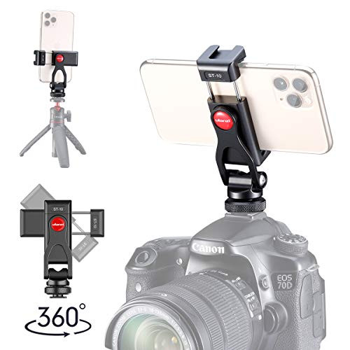 ULANZI ST-10 Phone Tripod Mount Aluminum Camera Hot Shoe 360 Rotation Phone Holder 2 Cold Shoe for Mic Light Stand Compatible with Canon Nikon Sony DSLR Cameras for DJI Ronin SC Gimbal Stabilizer