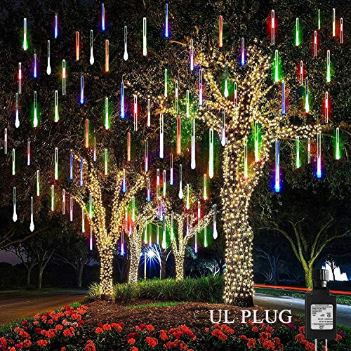 Kwaiffeo Meteor Shower Lights Falling Rain Lights, Christmas Lights Outdoor 12 inch 8 Tube 192 LED Snow Falling Icicle Cascading Lights for Xmas Tree Halloween Decor Wedding Party, UL Plug Multi Color