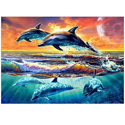 DIY 5D Diamond Painting Kit, Full Diamond Dolphin Embroidery Rhinestone Cross Stitch Arts Craft Supply for Home Wall Decor