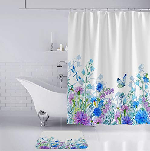 wtisan Floral Shower Curtain,Shower Curtain for Bathroom,Waterproof Fabric Bathromm Curtain with 12 Plastic Hooks, 72x72 Inch