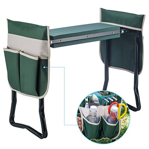 Ideal Choice Product Deep Seat Garden Kneeler and Seat-Folding Garden Kneeler with 2 Ex-Large Tool Pouches-Gardener Foldable Bench Stool with Kneeling Pad Cushion-Gardening Bench