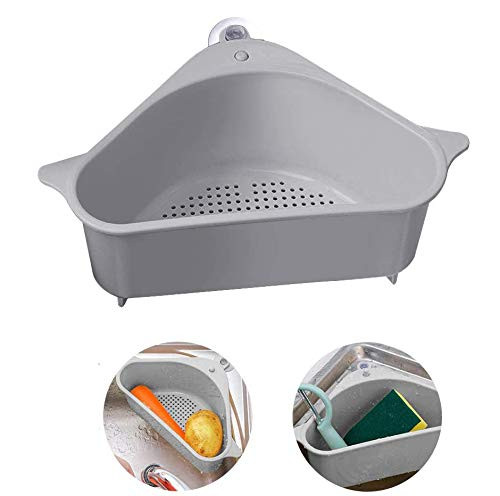 Sink Strainer Basket,Triangular Sink Drain Shelf Corner with Suction Storage Rack Sucker Multifunctional Kitchen Side Sink Filter for Kitchen Support Corner (Grey)