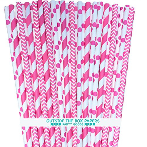 Paper Straws - Pink White - Stripe Chevron Polka Dot - 7.75 Inches - 100 Pack - Outside the Box Papers Brand