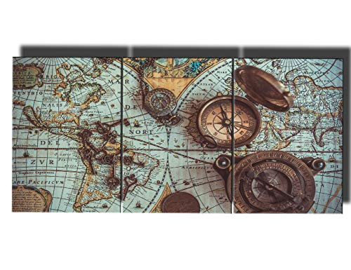 Wall Art for Living Room Skull on World Map Pictures 3 Piece Contemporary Painting on Canvas Bedroom House Decor Premium Quality Prints Artwork Wooden Framed Gallery-Wrapped Ready to Hang(42''Wx20''H)