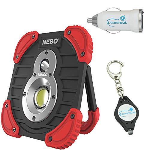 NEBO Tango 1000 Lumen USB Rechargeable Work Light with Power Bank Bundle with Lumintrail USB Car Adaptor Plus Bonus Keychain Light