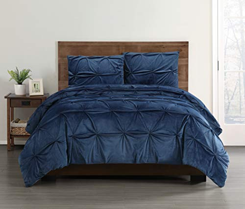 Truly Soft Everyday Truly Soft Pleated Velvet King 3 Piece Comforter Set in Navy Blue