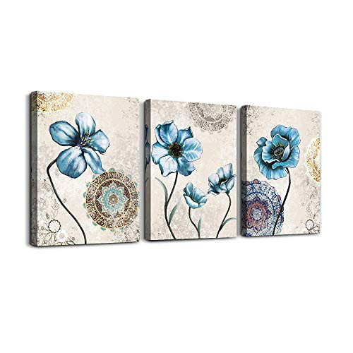 Canvas Wall Art for living room bathroom Wall Decor for bedroom kitchen Canvas art 3 Pieces Modern framed office farmhouse Home decorations Retro Blue flowers pictures Artwork for home walls painting