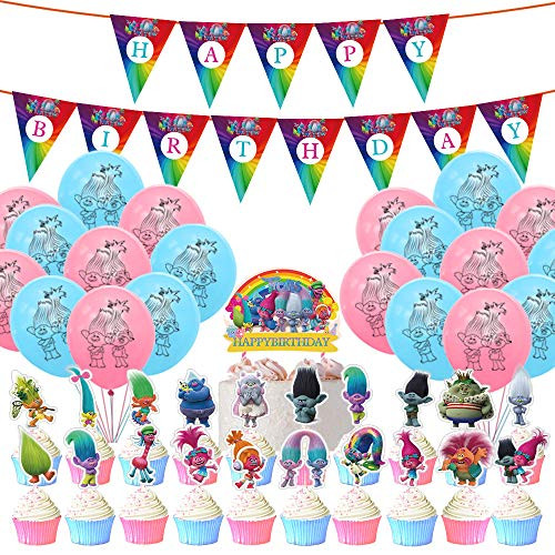Mbetitony Trolls Party Supplies Includes Banner-1 Glittery Trolls Cake Topper-20 Trolls Cupcake Toppers-20 Balloons