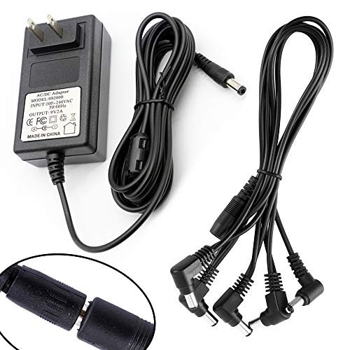Guitar Effects Pedal Power Supply Adapter 9V DC 2A with Cable 5 Way Daisy Chain Cord for Effect Pedal Power Supply Charger (10 Feet Cable)