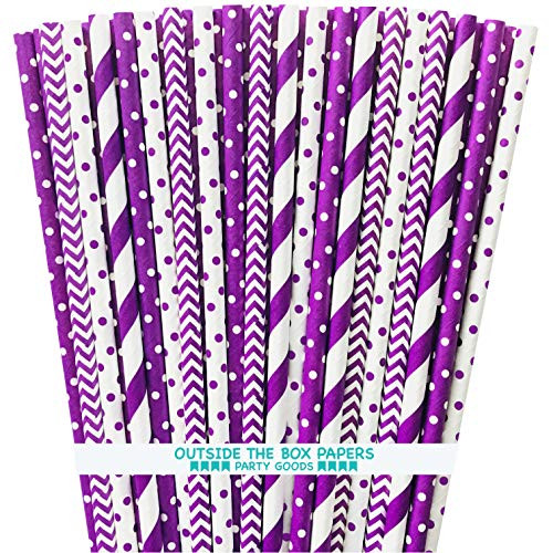 Purple Paper Straws - Stripe Chevron Polka Dot - 7.75 Inches - 100 Pack - Outside the Box Papers Brand
