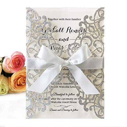 KUCHYNEE 20PCS 5 x 7.28''Laser Cut Wedding Invitations Cards with Ivory Ribbons and Envelopes for Wedding Bridal Shower Engagement Birthday Graduation Invitations (Sliver Glitter)