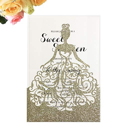 KUCHYNEE 20PCS Laser Cut Wedding Invitations Cards with Envelopes and Princess Dress Design for Bridal Shower Engagement Birthday Sweet 15 Quinceañera Party Invite (Champagne Gold Glitter)