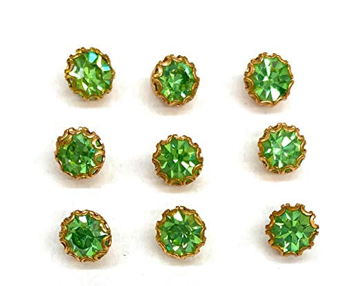 9 Small Kiwi Green Rhinestone Buttons Set - Setting in Gold 1/4'' 6mm Nine Claws Crystal Rhinestone Buttons with Shank Plating, Blouse,Shirts, Formal Evening,