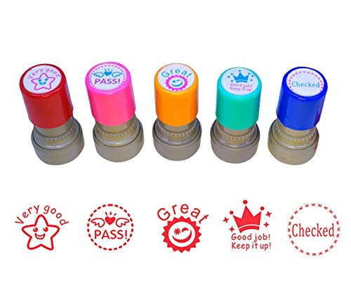 WAF Pack of 5 Sorted Teacher Stamp Teachers Self-Inking Rubber Stamps Teacher Review Photosensitive Stamps for Education