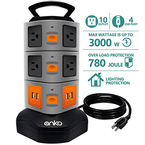 Power Strip Tower, ANKO 3000W 13A 16AWG Surge Protector Electric Charging Station, 10 Outlet Plugs with 4 USB Slot 6feet Cord Wire Extension Universal Charging Station (1-Pack) (Renewed)