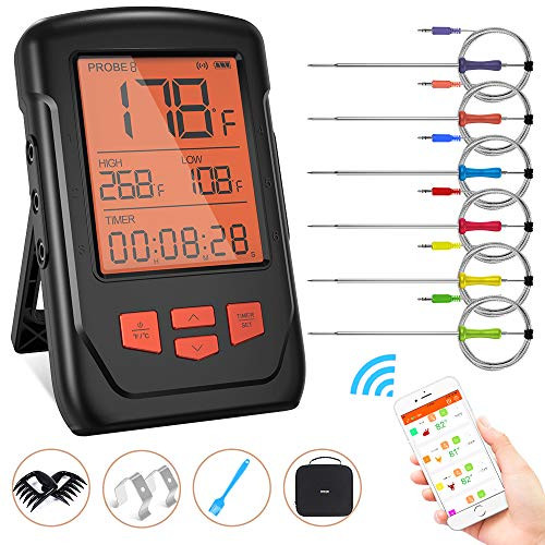 Wireless Meat Thermometer for Grilling, Bluetooth Meat Thermometer Digital BBQ Cooking Thermometer with 6 Probes, Alarm Monitor Cooking Thermometer for Barbecue Oven Kitchen, Support IOS & Android