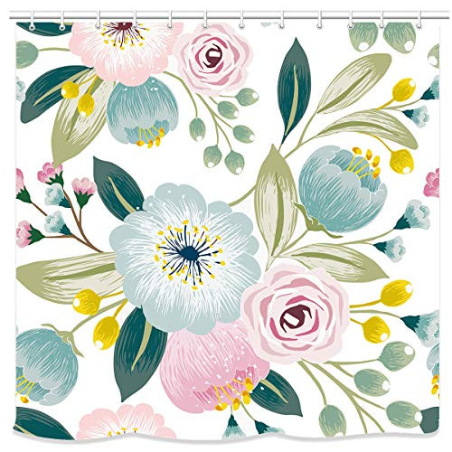 UNIFEEL Colorful Spring Flowers Blossoming Fabric Shower Curtain Beautiful Nude Floral and Leaves Watercolor Decor Collection for Bathroom