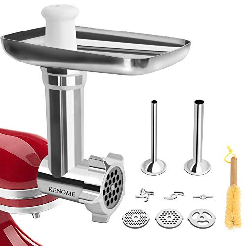 Metal Food Grinder Attachment for KitchenAid Stand Mixers Includes 2 Sausage Stuffer Tubes,Durable Meat Grinder Attachment for KitchenAid,Silver