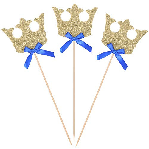 Gold Glitter Crown Centerpiece Sticks with Blue Bows for Royal Prince Baby Shower/Birthday Party Decorations Table Toppers - Set of 10