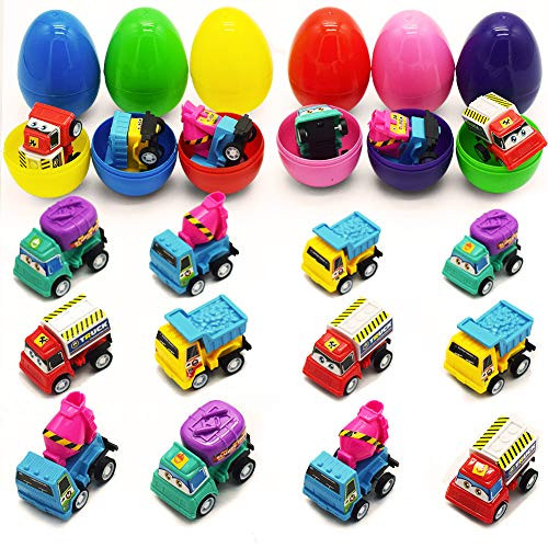 Nyicey 12 Pack Fillable Plastic Easter Egg with Mini Pull Back Trucks Vehicles for Easter Theme Party, Favor Easter Eggs Hunt, Basket Stuffers Fillers, Classroom Prize (12)