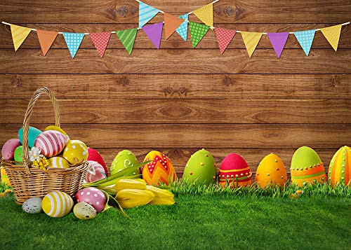 Easter Rabbit Colorful Eggs Photography Backdrop Wooden Wall Grass Photo Background Baby Shower Newborn Kids Birthday Party Cake Table Decoration Banner Studio Booth Props 7x5ft
