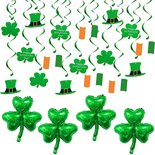 St. Patrick's Day Decorations - 20 PCS St Patricks Day Hanging Ceiling Foil Swirls for Lucky Day with 4 Lucky Irish Green Shamrock Balloon Saint Patrick's Day Party Supplies