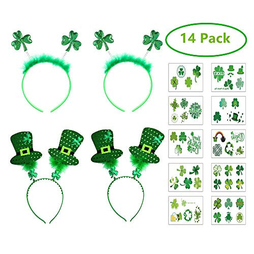 14 Pack St. Patricks Day Headband Shamrock Head Boppers Accessories and St Patricks Day Shamrock Clover Tattoo Party Green Favors Decorations