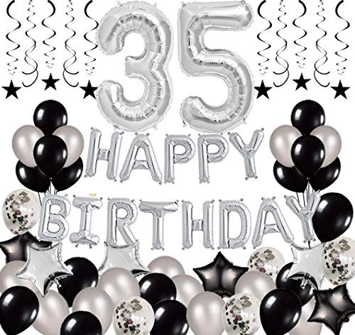 Succris 35th Birthday Decorations - Party Supplies for Happy 35th Birthday Happy Birthday Banner Gold Sash Confetti Balloons Balck Hanging Swirl