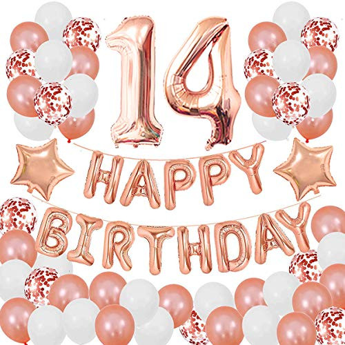 Succris 14TH Birthday Decorations for Girls and Women 14th Birthday Decorations 14 Years Old Birthday Party Supplies Happy Birthday Banner Rose Gold Confetti Balloons Rose Gold