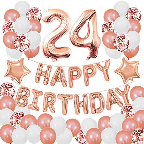 Succris 24TH Birthday Decorations for Girls and Women 24TH Birthday Decorations 24 Years Old Birthday Party Supplies Happy Birthday Banner Rose Gold Confetti Balloons Rose Gold