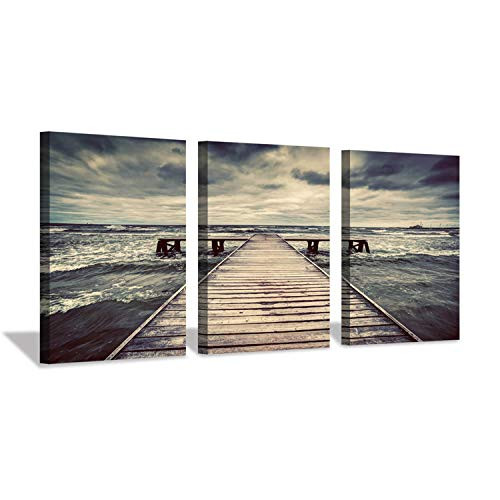 Hardy Gallery Coastal Pier Canvas Wall Picture: Sea Dock Artwork Seascape Painting Art Print on Canvas Set for Bedroom (16'' x 12'' x 3 Panels)