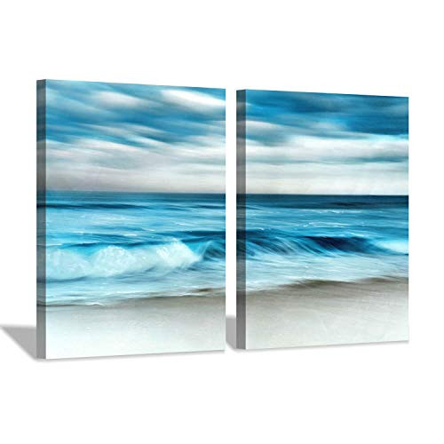 Abstract Ocean Wave Picture Print: Beach Painting Sunlight Seascape Wall Art on Canvas for Living Room (24'' x 18'' x 2 Panels)