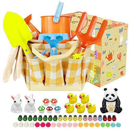 ZesNice Kids Gardening Tools Set?Kids Garden Tools Set Toys Including Watering Can, Gloves, Shovel, Rake, Trowel ,Tote Bag and Garden Ornaments? All in One Gardening Tote