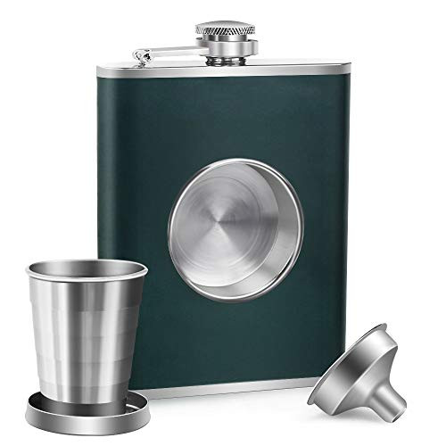 KWANITHINK Shot Flask, Stainless Steel Leather Hip Flask 8 oz with 2 oz Collapsible Shot Glass & Funnel, Ideal Whiskey Flask Gift for Father's Day (Green)