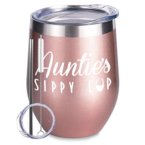 Tom Boy Aunties Sippy Cup Wine Tumbler - Birthday Mothers Day Gifts for Aunts - Funny Best Aunt Gifts from Niece Nephew, Rose Gold Insulated Stainless Steel Tumbler with Lid and Straw 12 Oz