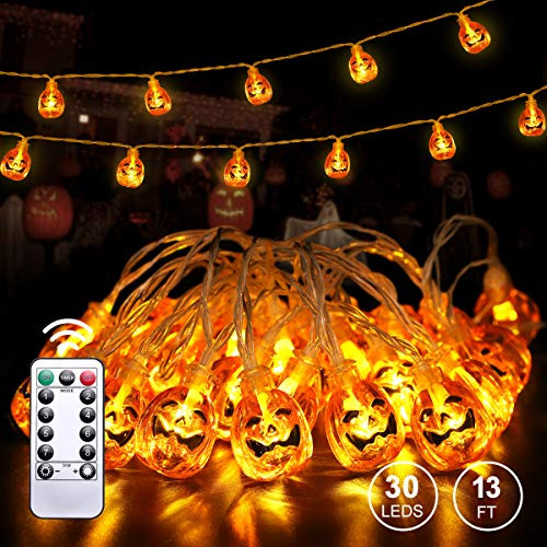 Halloween Pumpkin String Lights, YUNLIGHTS 13ft 30 LED Halloween Lights 3D Pumpkin Lights with 8 Lighting Modes, Battery Operated Jack-O-Lantern Lights for Outdoor Indoor Party Halloween Decoration