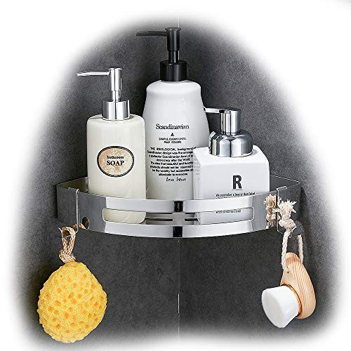 AUNGZONE Shower Corner Caddy Bathroom Shelf Rustproof Wall Mount Nail Free Glue+Adhesive No Drill Stainless Steel With 2 Hooks 1 Tier(Silver)