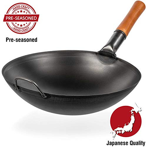 Pre-Seasoned Carbon Steel Wok Pan - 14  Woks and Stir Fry Pans - Chinese Wok with Round Bottom Wok - Traditional Chinese Japanese Woks - Black Steel Wok