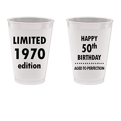 Mandeville Party Company, 10 count Frost Flex Plastic Cups, Happy 50th Birthday - Limited 1970 Edition, Aged to Perfection