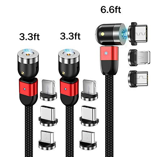 Magnetic USB Charging Cable Krsende 3in1 360°&180°Rotation Nylon Braided Cord Compatible with Mirco USB Type C Smartphone and iProduct Device-No Date Sync(3Pack/Red)
