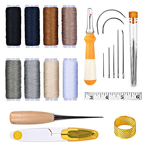 HMMS 30Pcs Upholstery Repair Kit with Sewing Needles Thread Tape Measure Awl Leather Craft Tools for Leather Canvas Repair, Home Hand Sewing Kits