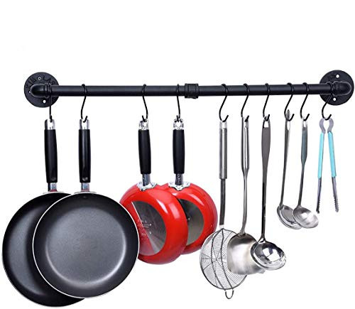 38 Inch Black Pipe Pot Rack Wall Mount, Pot and Pan Hanger Rail Bar, Kitchen Utensil Rack Pan Hanger Organizer with 10 Removable S Hooks, Pot Lid Spatula Hanging Rack