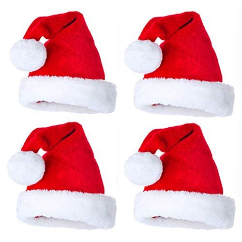 4 Pack Christmas Santa Hats, Xmas Holiday Hat for Kids, Unisex Velvet Comfort Christmas Hats, Christmas Costume Classic Hat, for Christmas New Year Festive Holiday Party Supplies Red