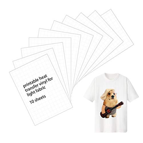 Printable HTV Heat Transfer Vinyl Inkjet Printer Iron-On Light T Shirt Transfers A4 Size, 10 Sheets
